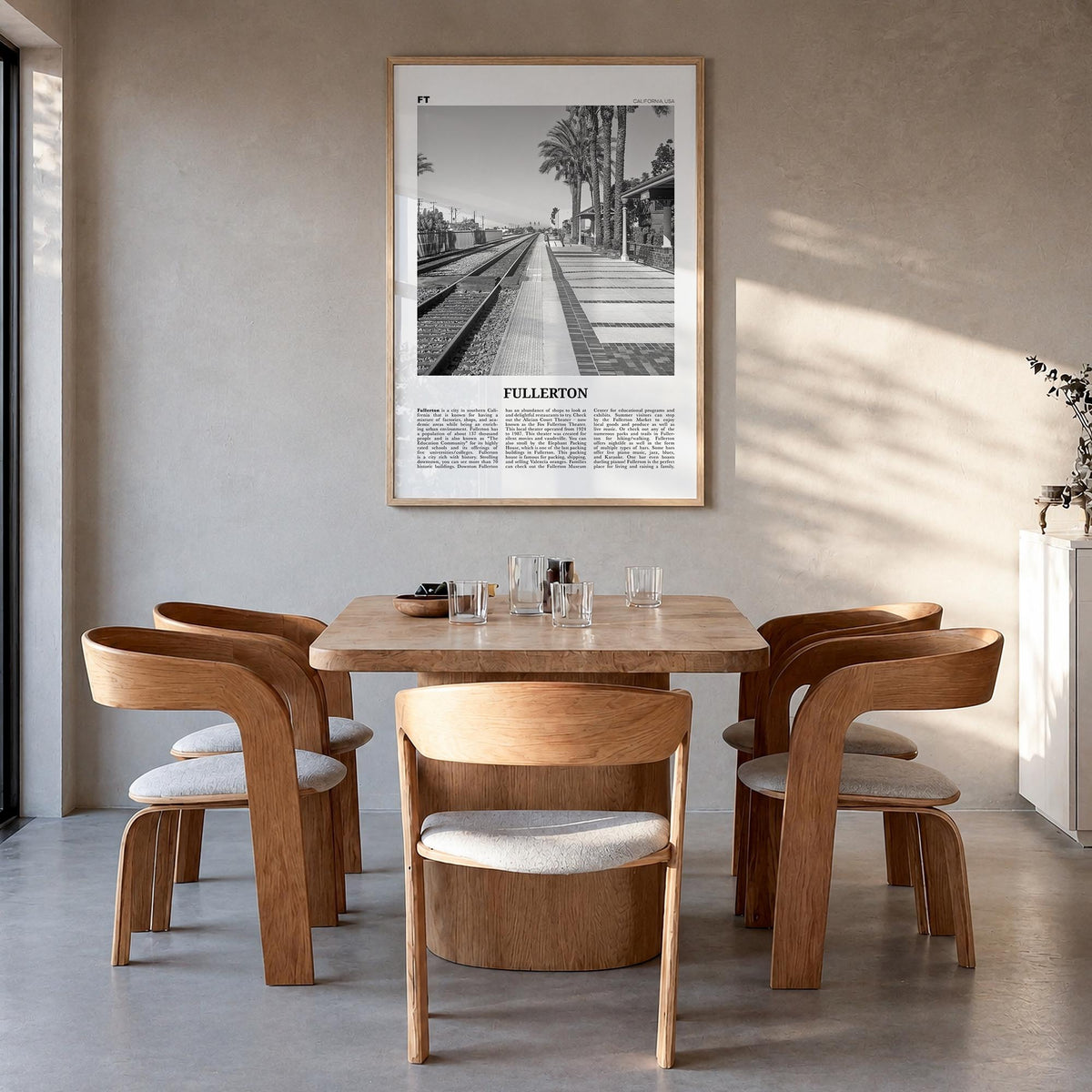Fullerton black & white newspaper poster of California, USA – vertical wall art in natural wood frame, hanging on wall