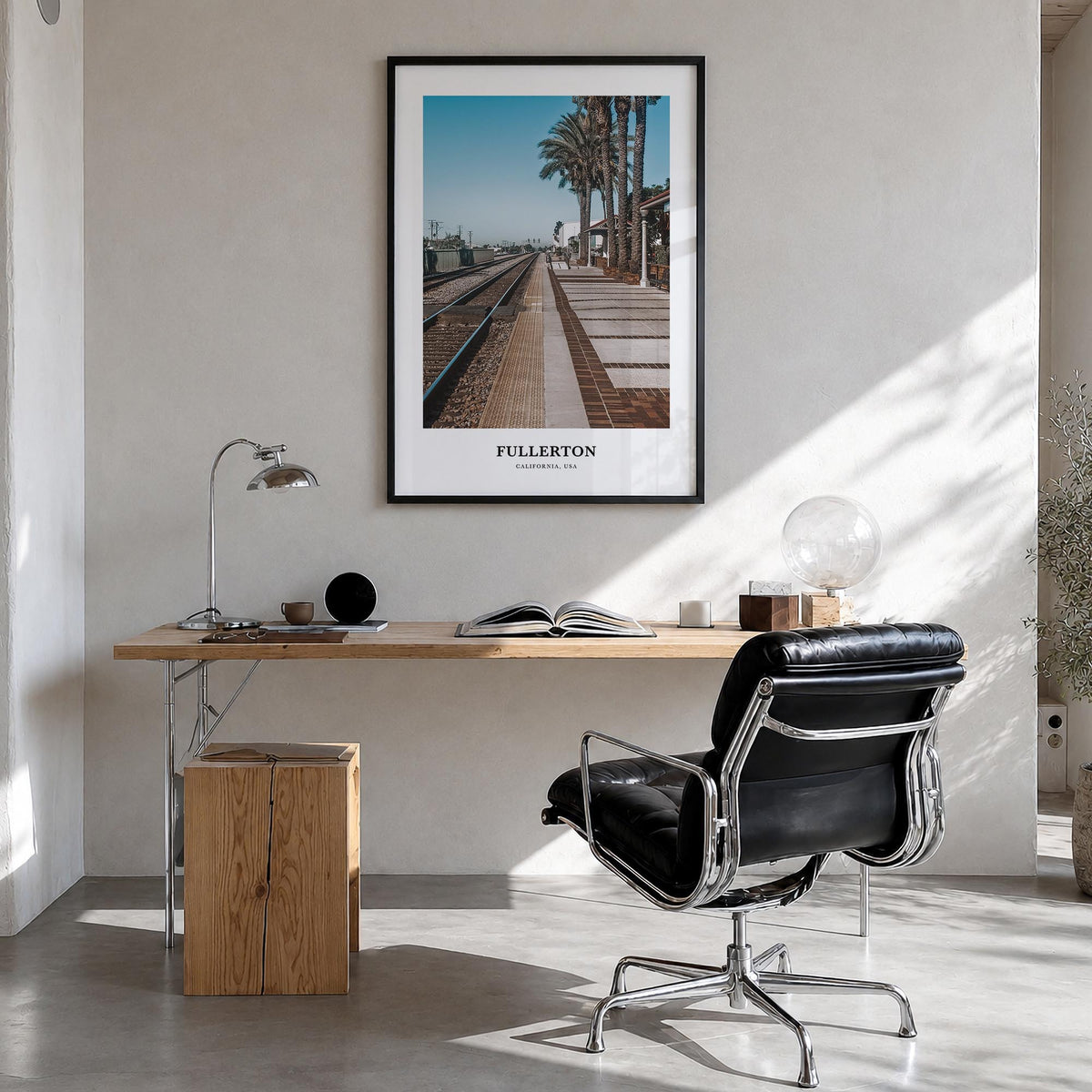 Fullerton colorful classic poster of California, USA – vertical wall art in black wood frame, hanging on wall