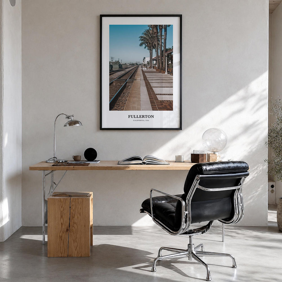 Fullerton colorful classic poster of California, USA – vertical wall art in black wood frame, hanging on wall