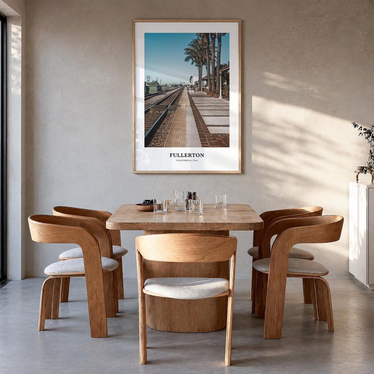 Fullerton colorful classic poster of California, USA – vertical wall art in natural wood frame, hanging on wall
