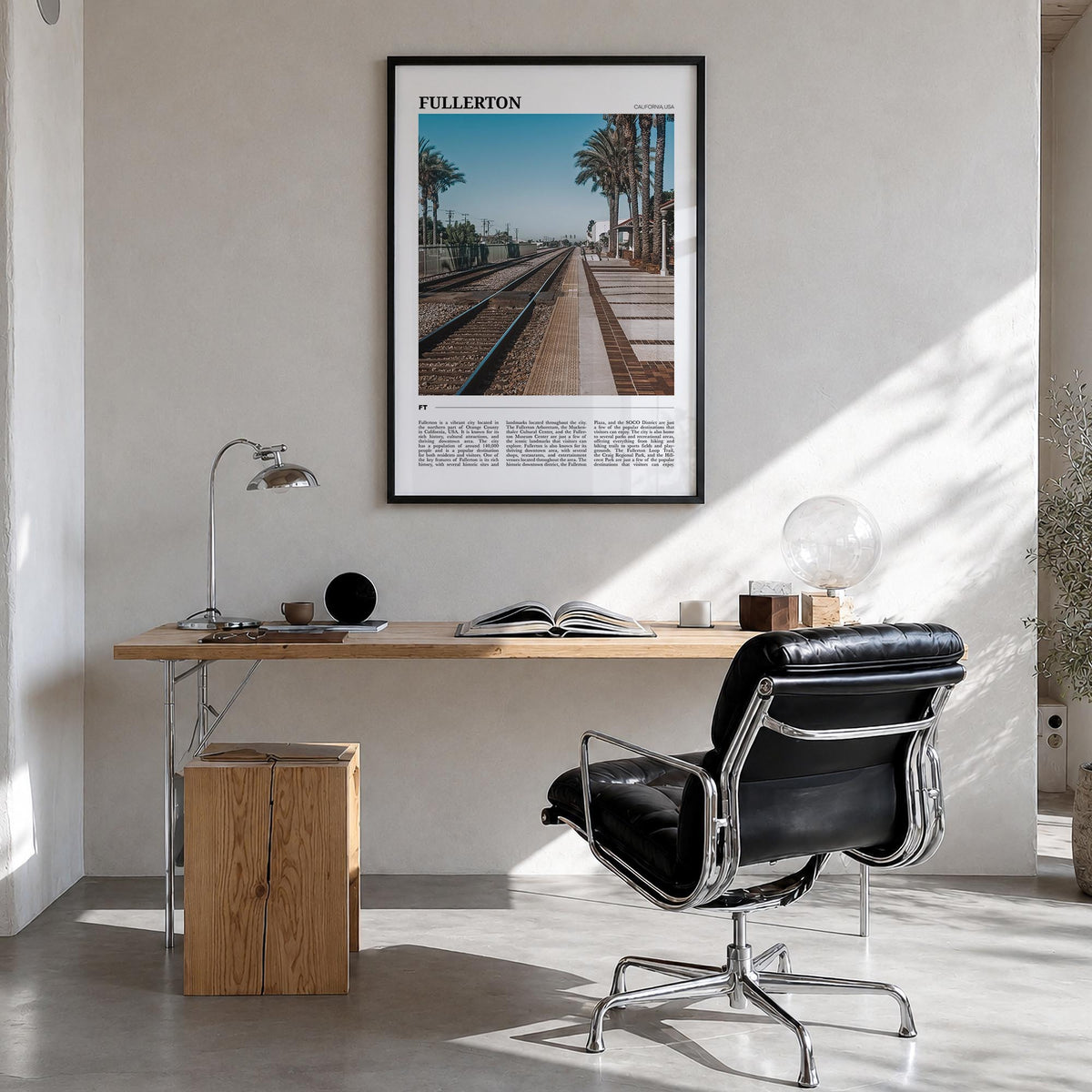 Fullerton colorful travel poster of California, USA – vertical wall art in black wood frame, hanging on wall