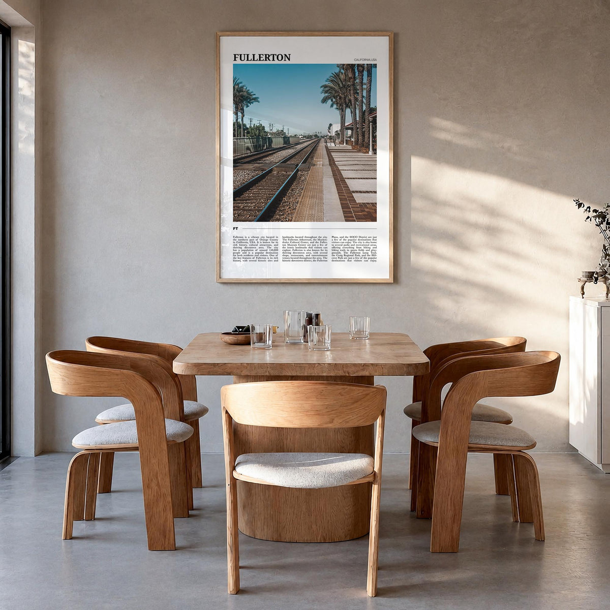 Fullerton colorful travel poster of California, USA – vertical wall art in natural wood frame, hanging on wall