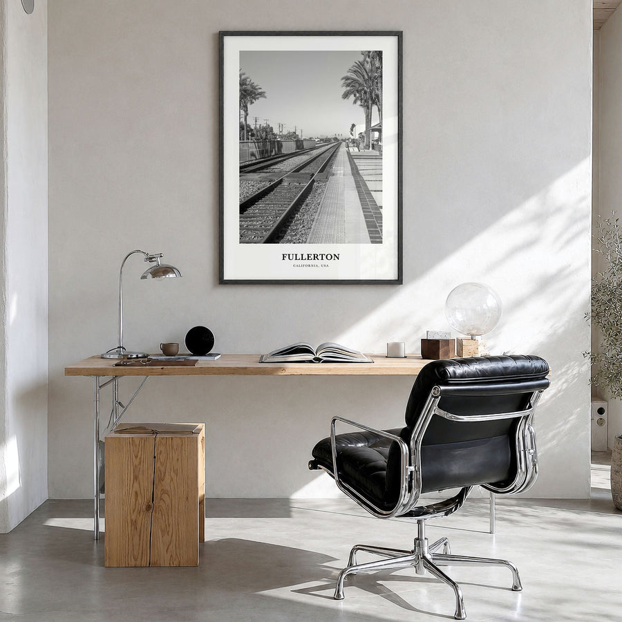Fullerton Classic Poster in a black wood frame, hanging in a bright home office