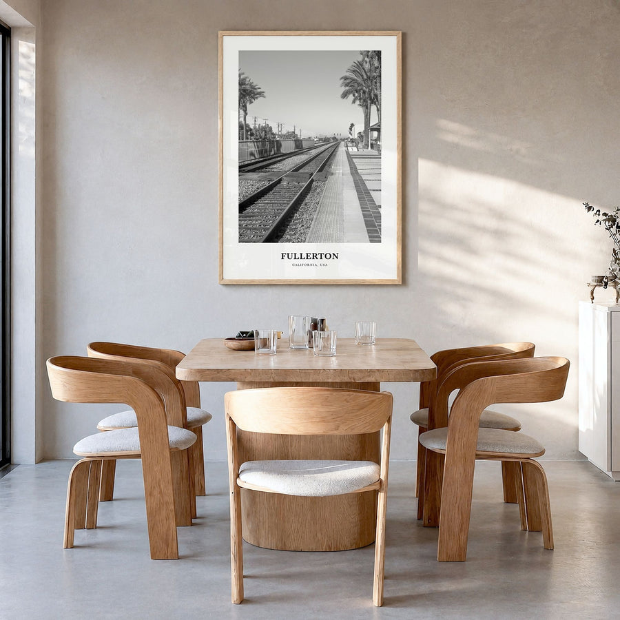 Fullerton Classic Poster in a natural wood frame, hanging in a dining room