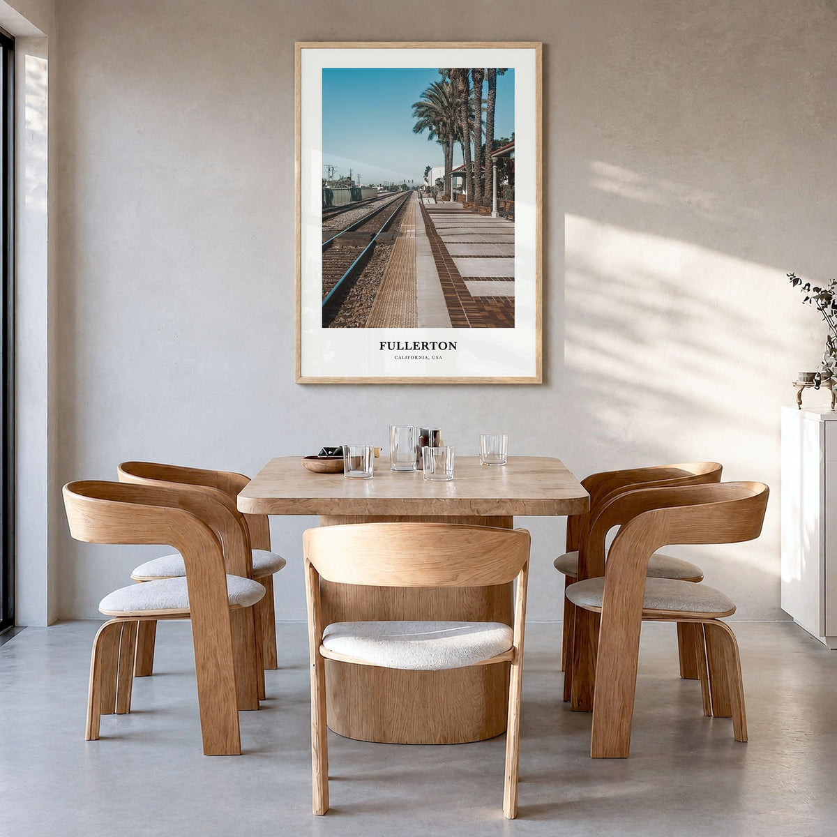 Fullerton Classic Poster in a natural wood frame, hanging in a dining room