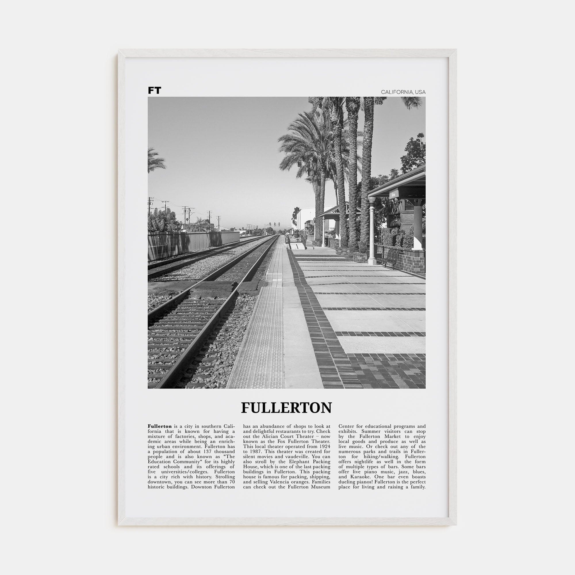 Fullerton Poster White Wood / 8x12 in Nbourhood Travel B&W Poster