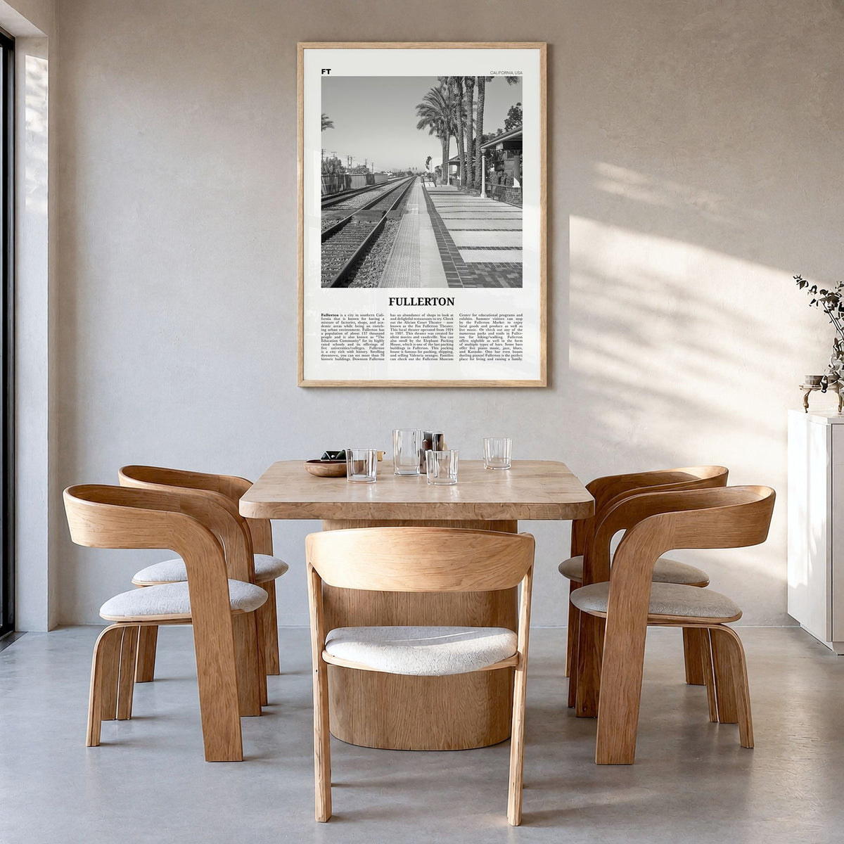 Fullerton Newspaper Poster in a natural wood frame, hanging in a dining room