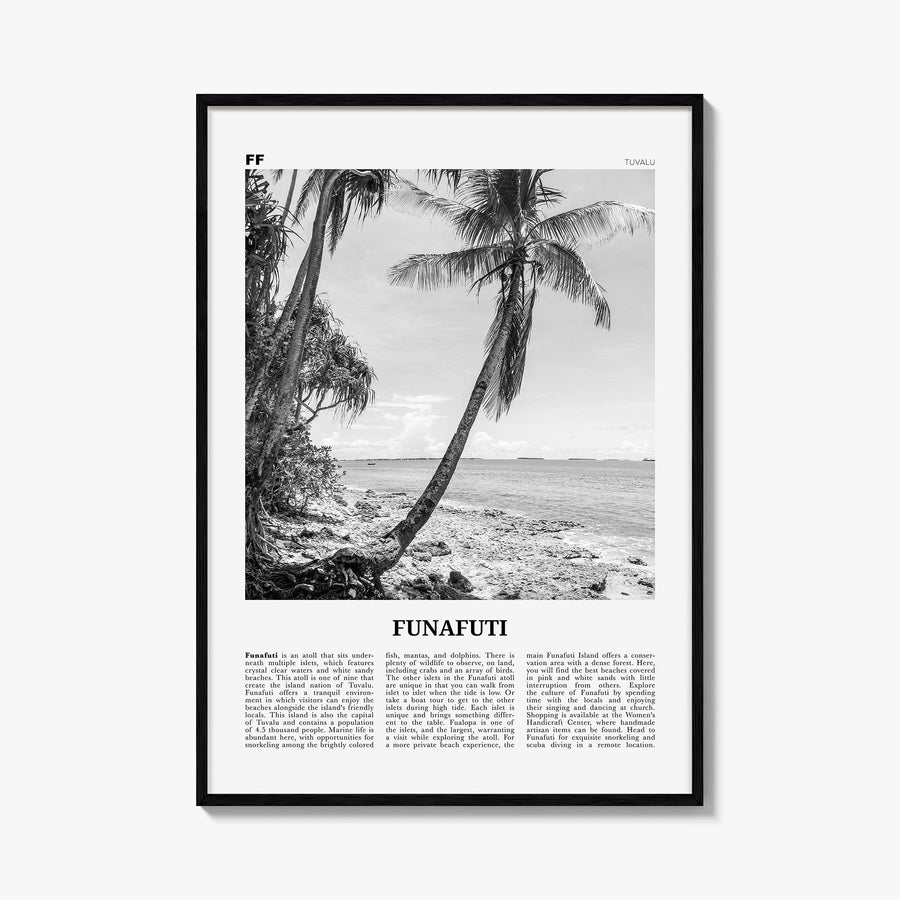 Funafuti black & white newspaper poster of Tuvalu – vertical wall art, unframed print shown in interior mockup