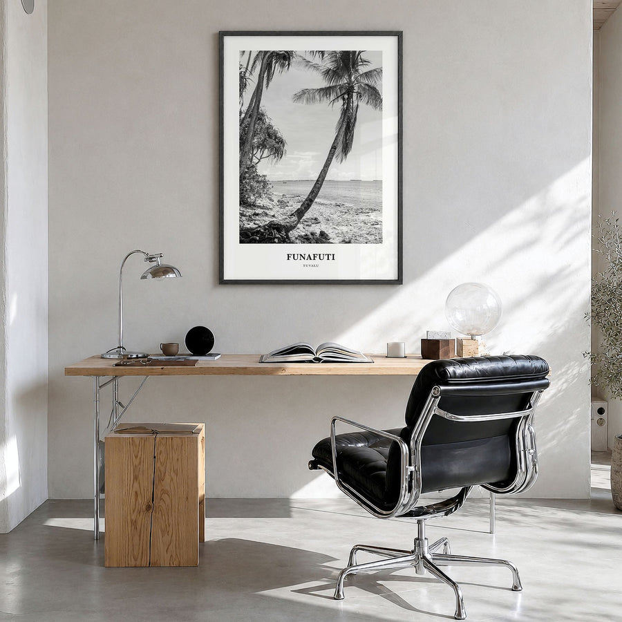 Funafuti Classic Poster in a black wood frame, hanging in a bright home office