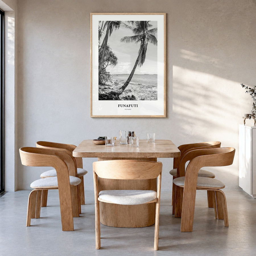 Funafuti Classic Poster in a natural wood frame, hanging in a dining room