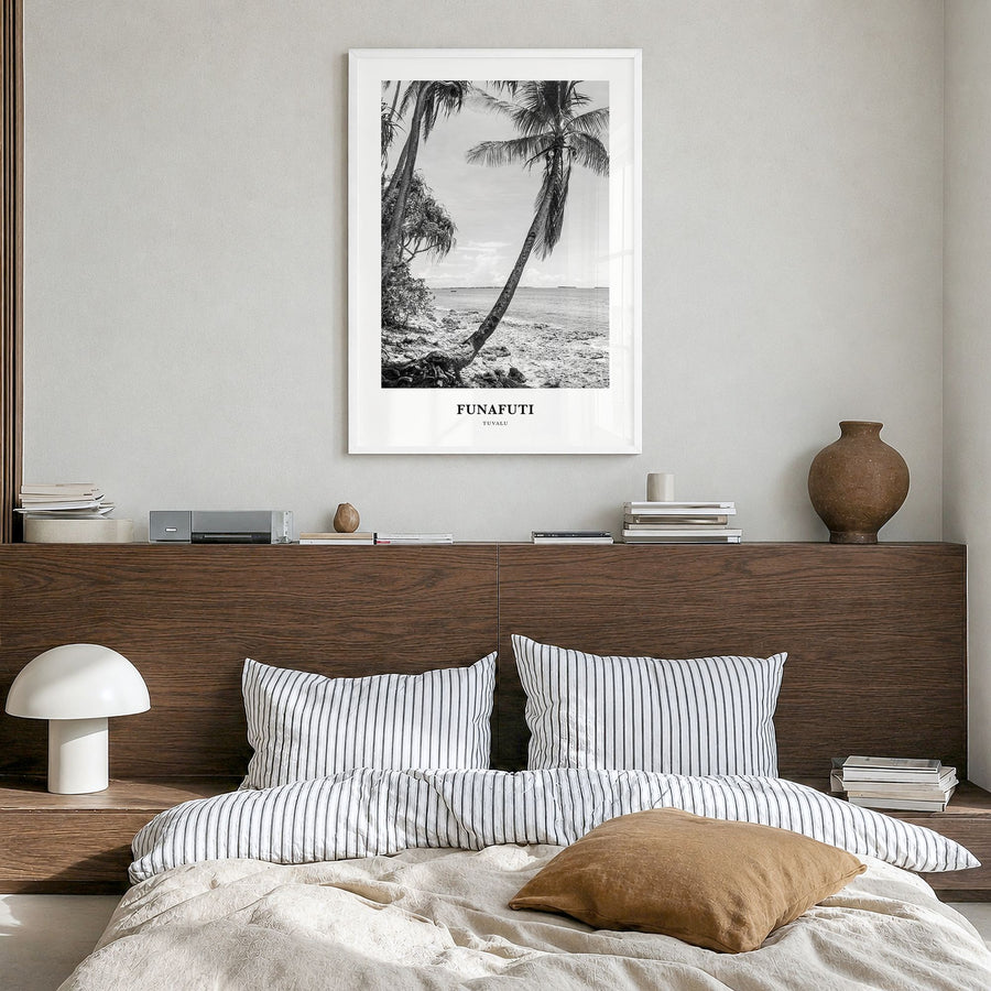 Funafuti Classic Poster in a white wood frame, hanging in a bedroom