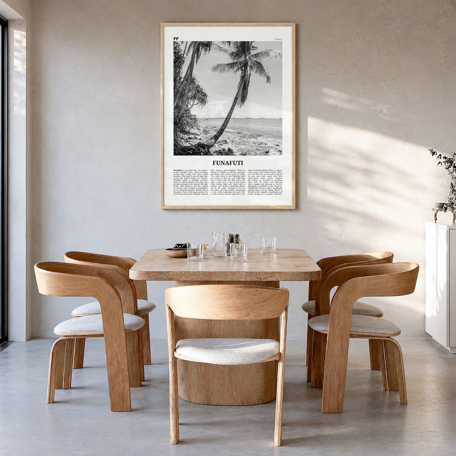Funafuti Newspaper Poster in a natural wood frame, hanging in a dining room