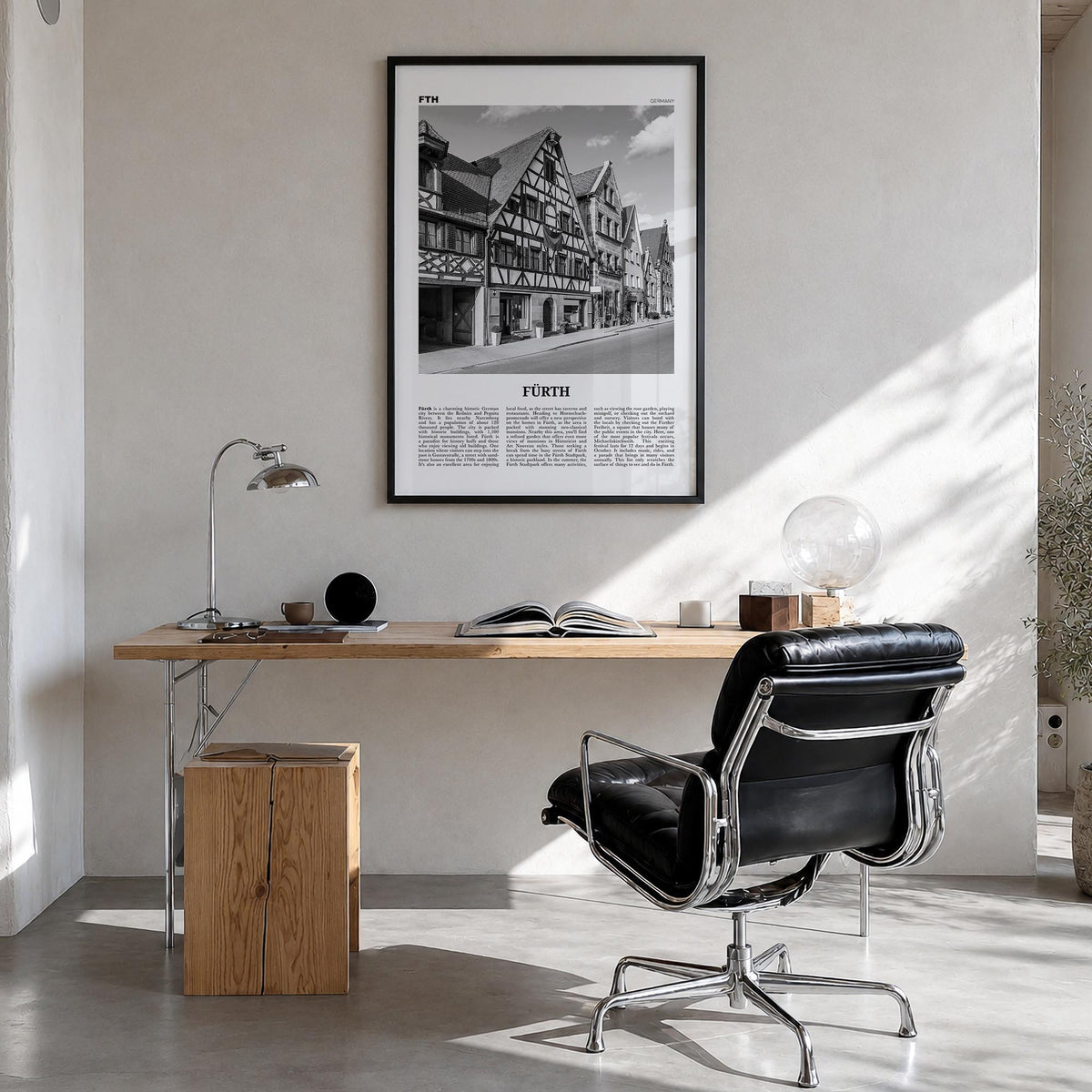 Fürth black & white newspaper poster of Germany – vertical wall art in black wood frame, hanging on wall