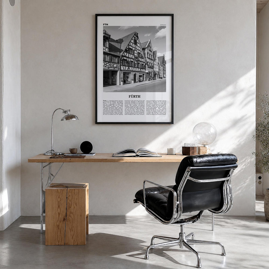 Fürth black & white newspaper poster of Germany – vertical wall art in black wood frame, hanging on wall