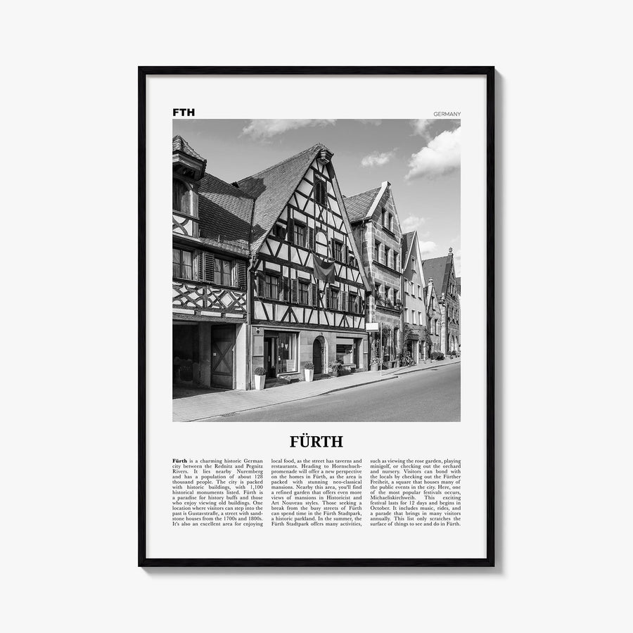 Fürth black & white newspaper poster of Germany – vertical wall art, unframed print shown in interior mockup