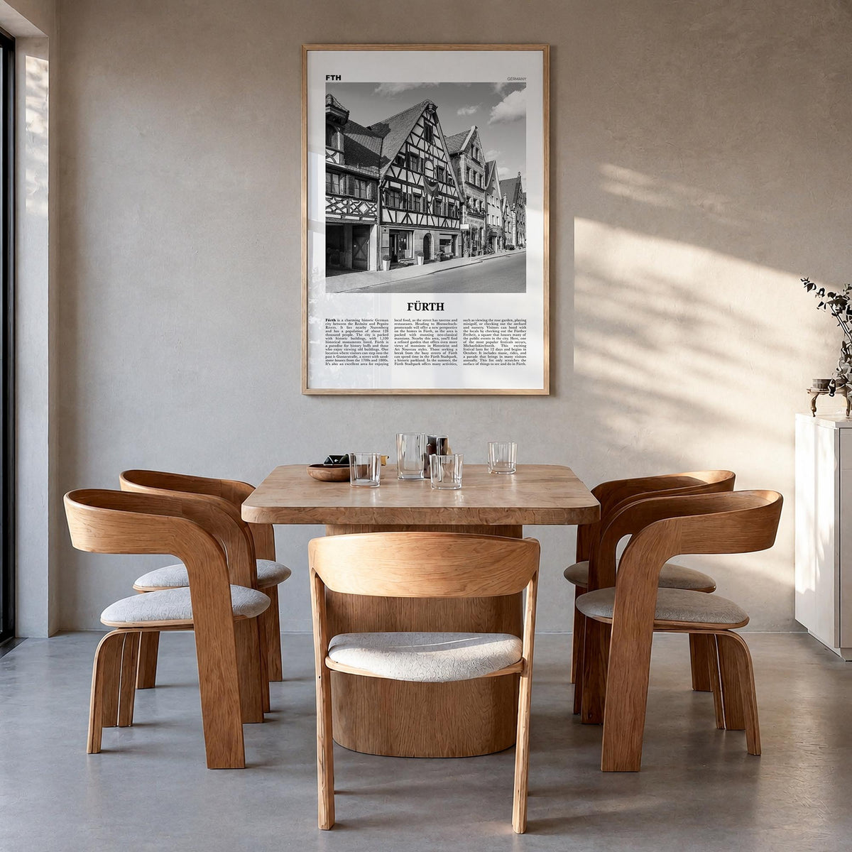 Fürth black & white newspaper poster of Germany – vertical wall art in natural wood frame, hanging on wall