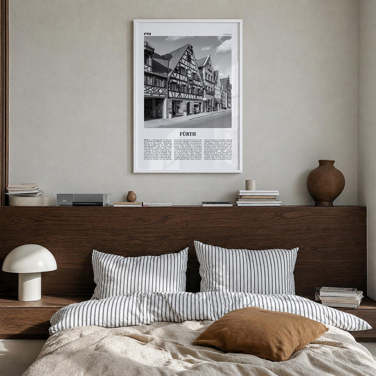Fürth black & white newspaper poster of Germany – vertical wall art in white wood frame, hanging on wall