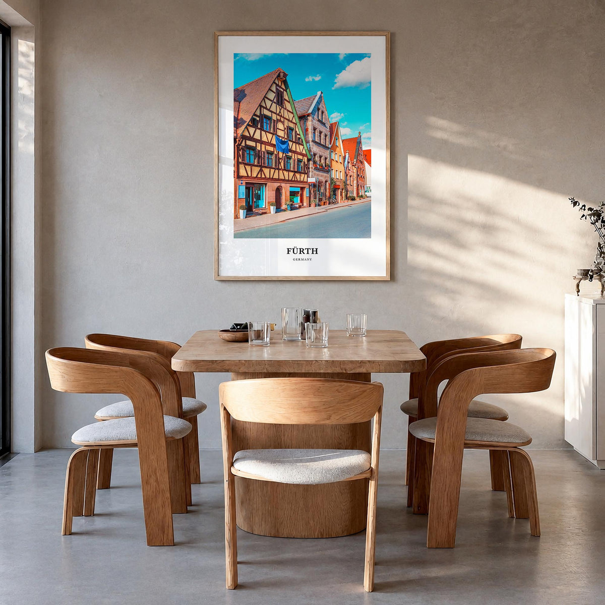 Fürth colorful classic poster of Germany – vertical wall art in natural wood frame, hanging on wall