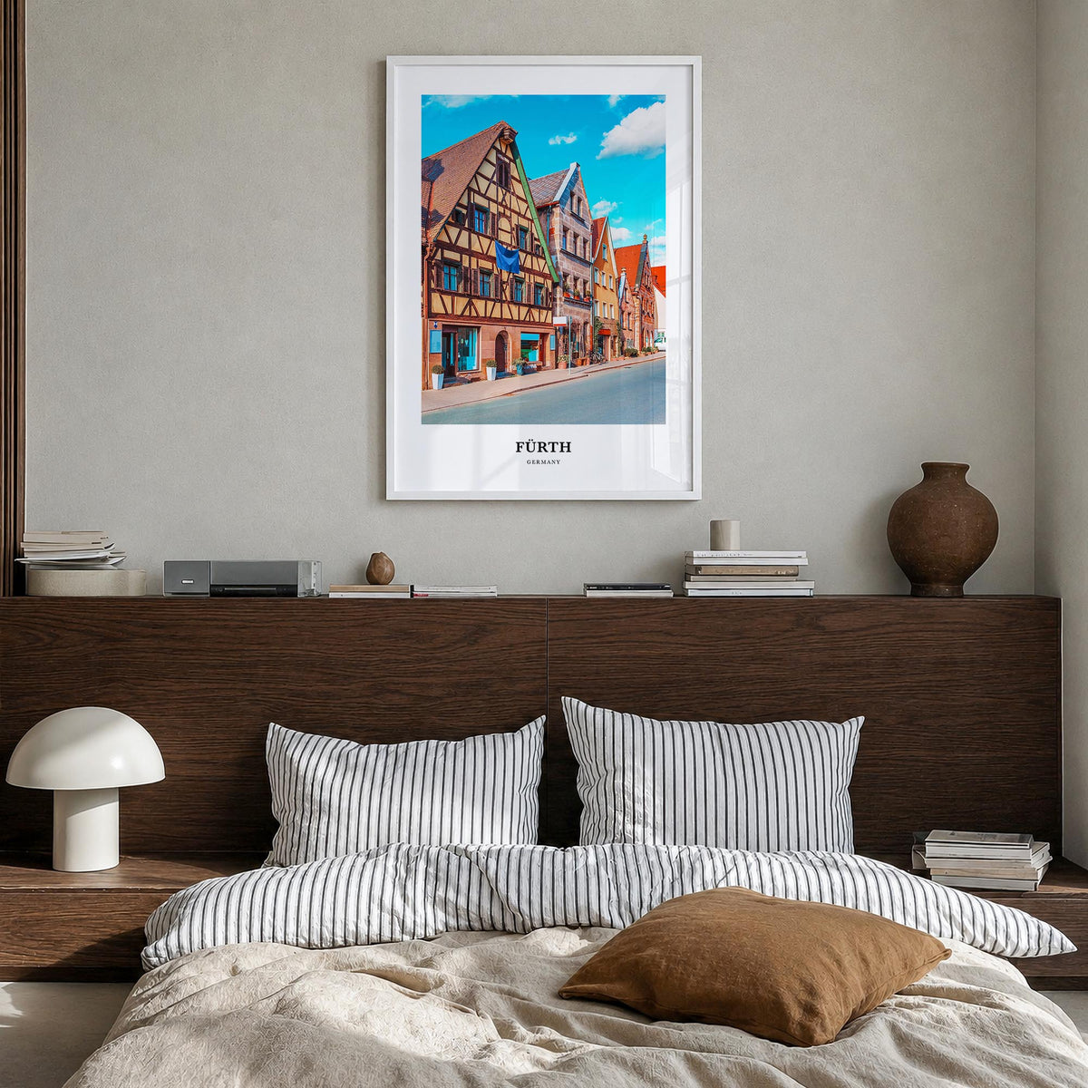 Fürth colorful classic poster of Germany – vertical wall art in white wood frame, hanging on wall
