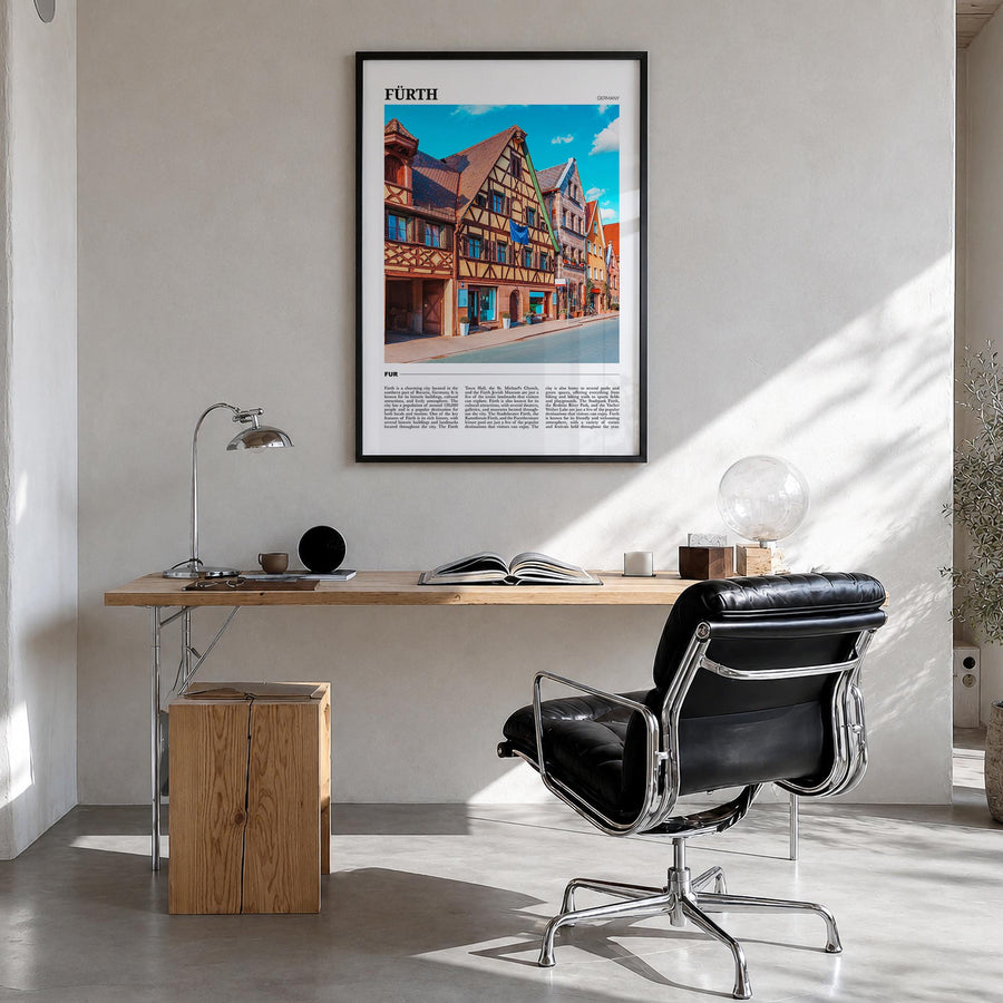 Fürth colorful travel poster of Germany – vertical wall art in black wood frame, hanging on wall