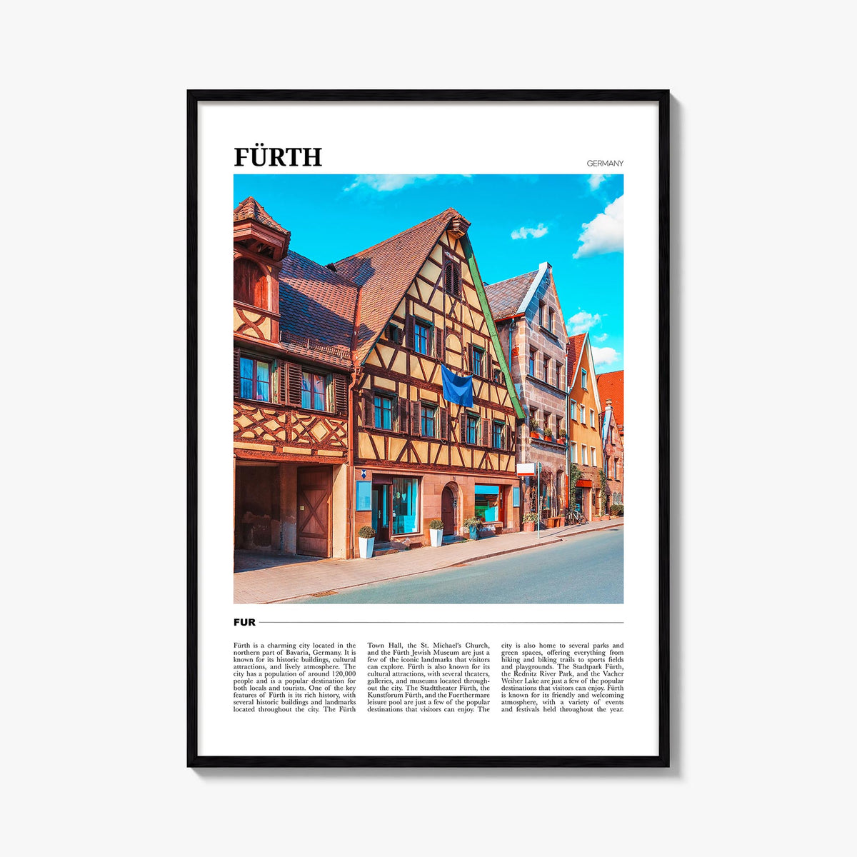 Fürth colorful travel poster of Germany – vertical wall art, unframed print shown in interior mockup
