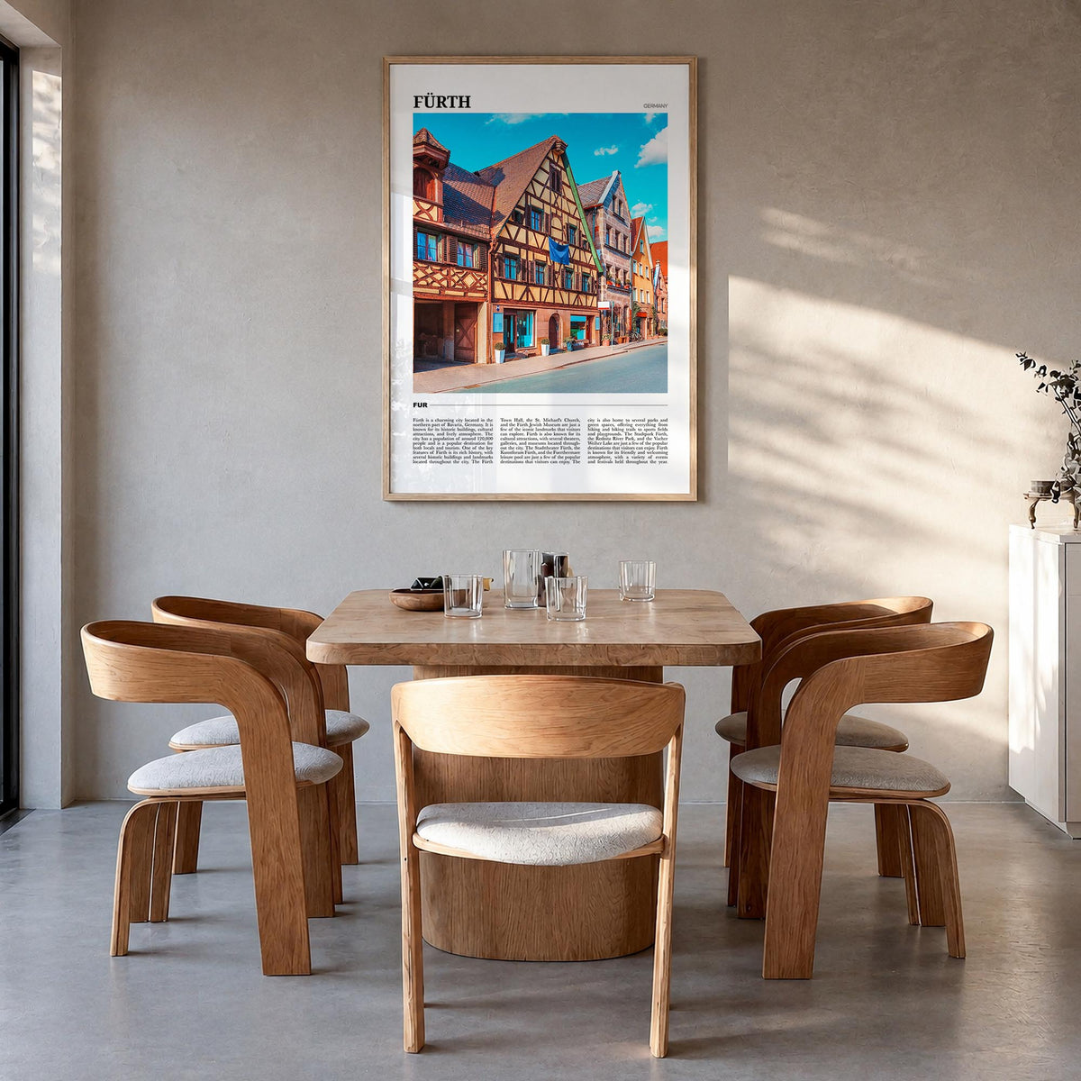 Fürth colorful travel poster of Germany – vertical wall art in natural wood frame, hanging on wall
