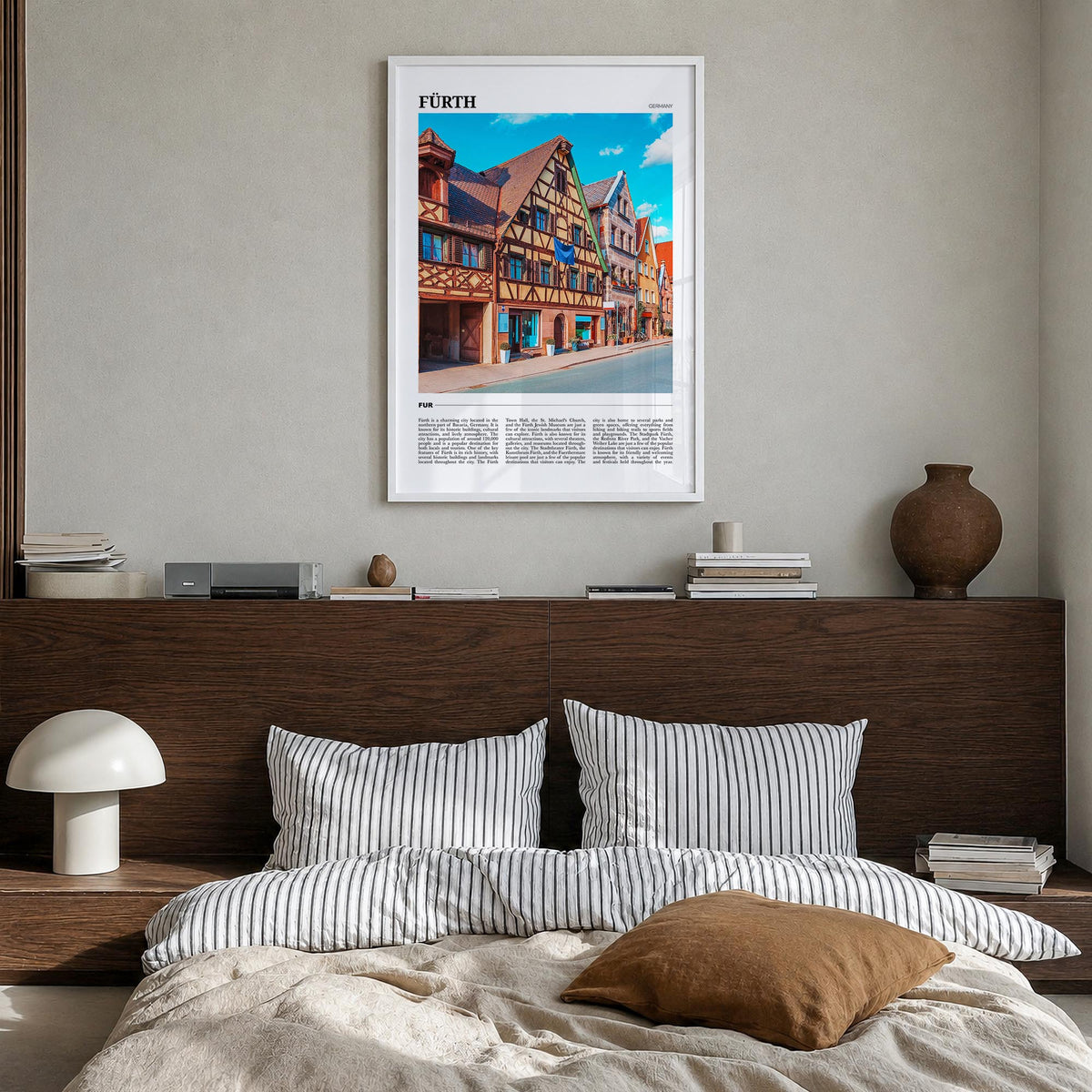 Fürth colorful travel poster of Germany – vertical wall art in white wood frame, hanging on wall