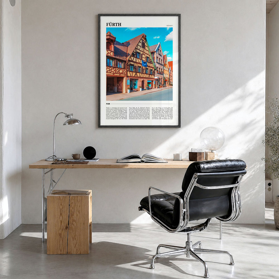 Fürth Travel Poster in a black wood frame, hanging in a bright home office