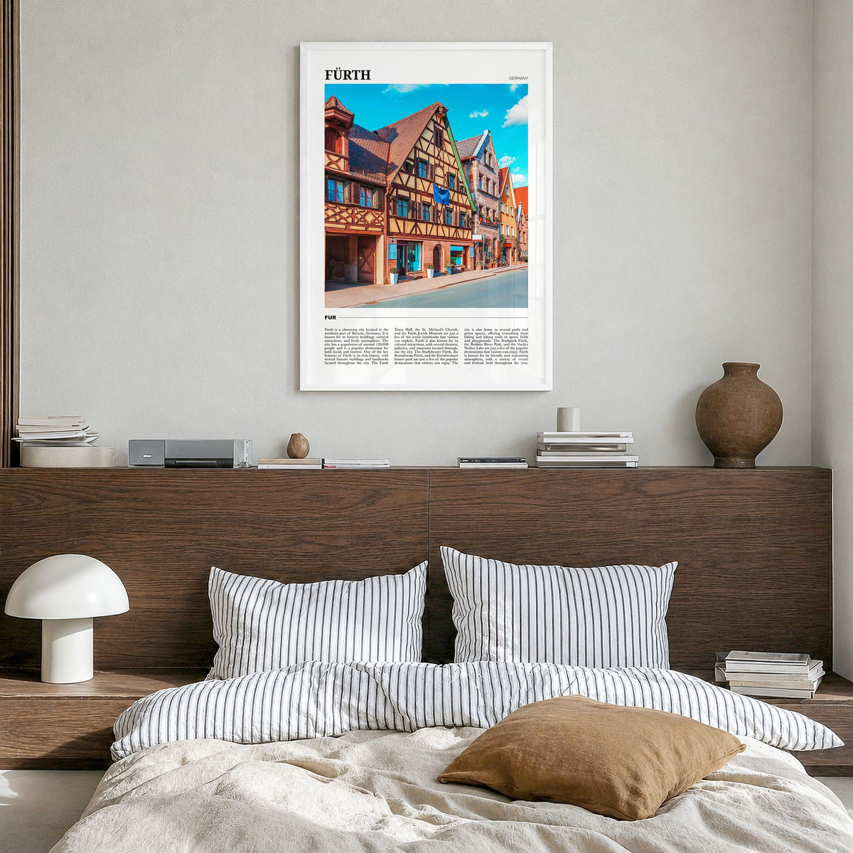 Fürth Travel Poster in a white wood frame, hanging in a bedroom