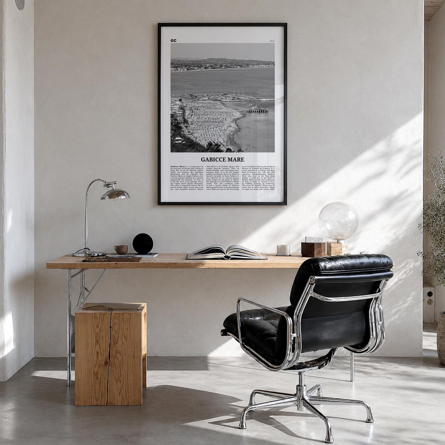 Gabicce Mare black & white newspaper poster of Italy – vertical wall art in black wood frame, hanging on wall