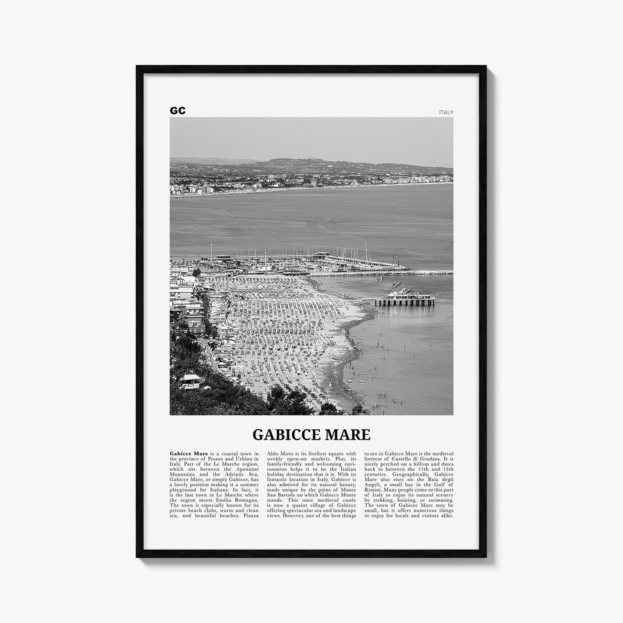 Gabicce Mare black & white newspaper poster of Italy – vertical wall art, unframed print shown in interior mockup