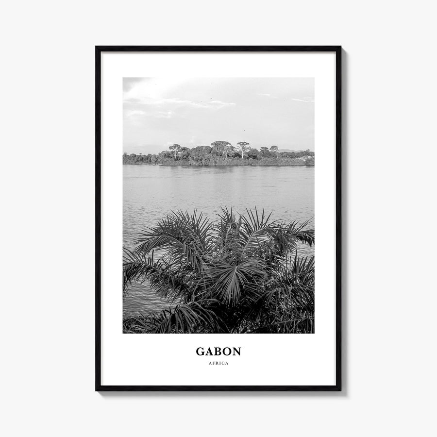 Gabon black & white classic poster of Africa – vertical wall art, unframed print shown in interior mockup