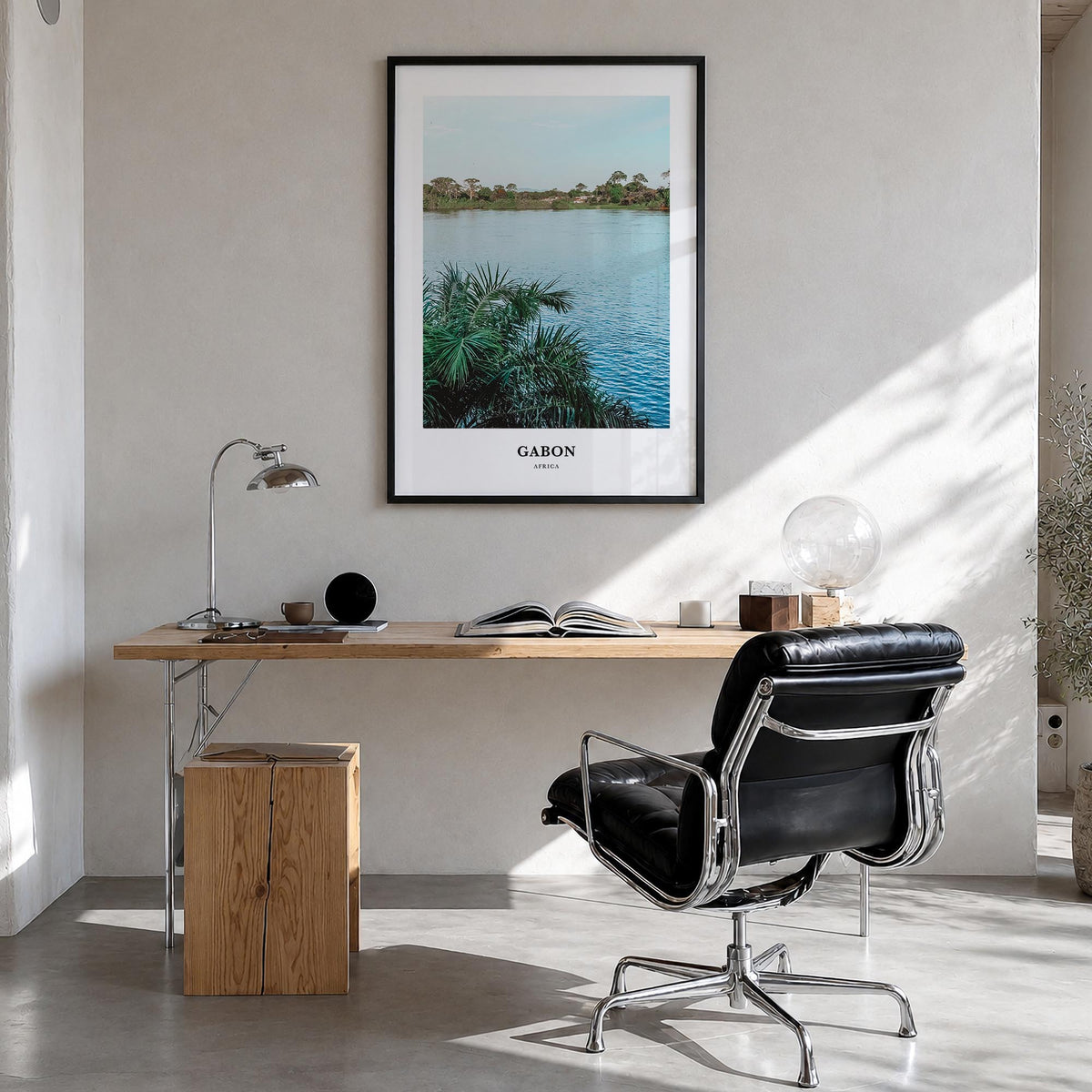 Gabon colorful classic poster of Africa – vertical wall art in black wood frame, hanging on wall