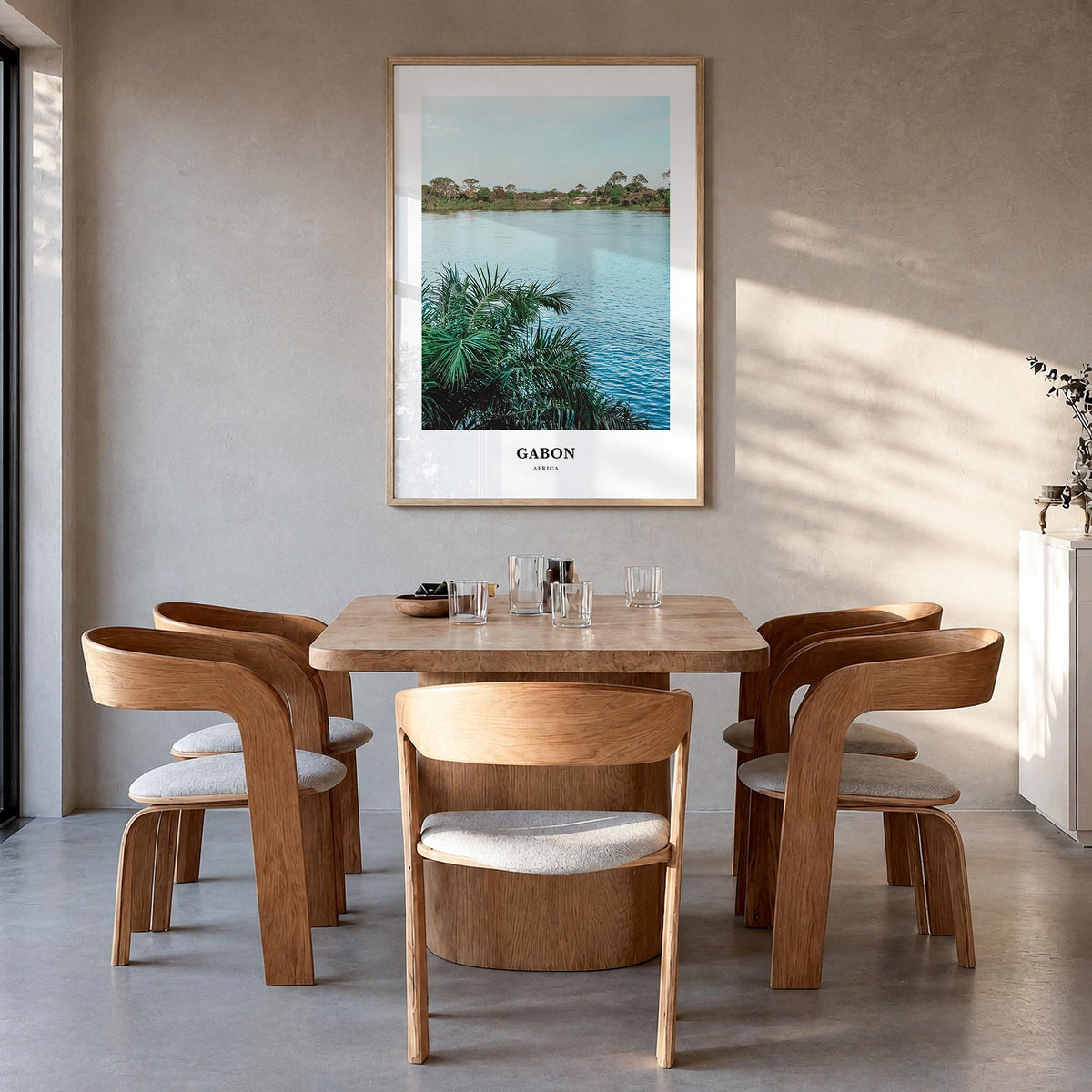 Gabon colorful classic poster of Africa – vertical wall art in natural wood frame, hanging on wall
