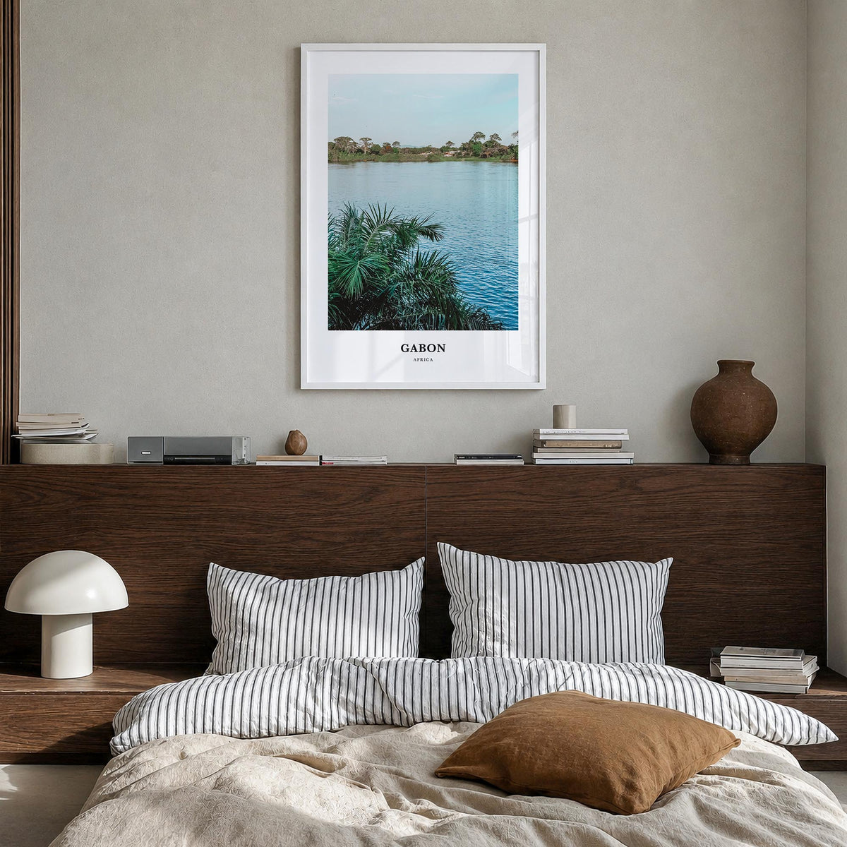 Gabon colorful classic poster of Africa – vertical wall art in white wood frame, hanging on wall