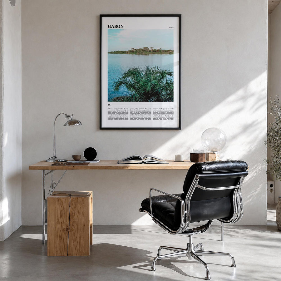 Gabon colorful travel poster of Africa – vertical wall art in black wood frame, hanging on wall