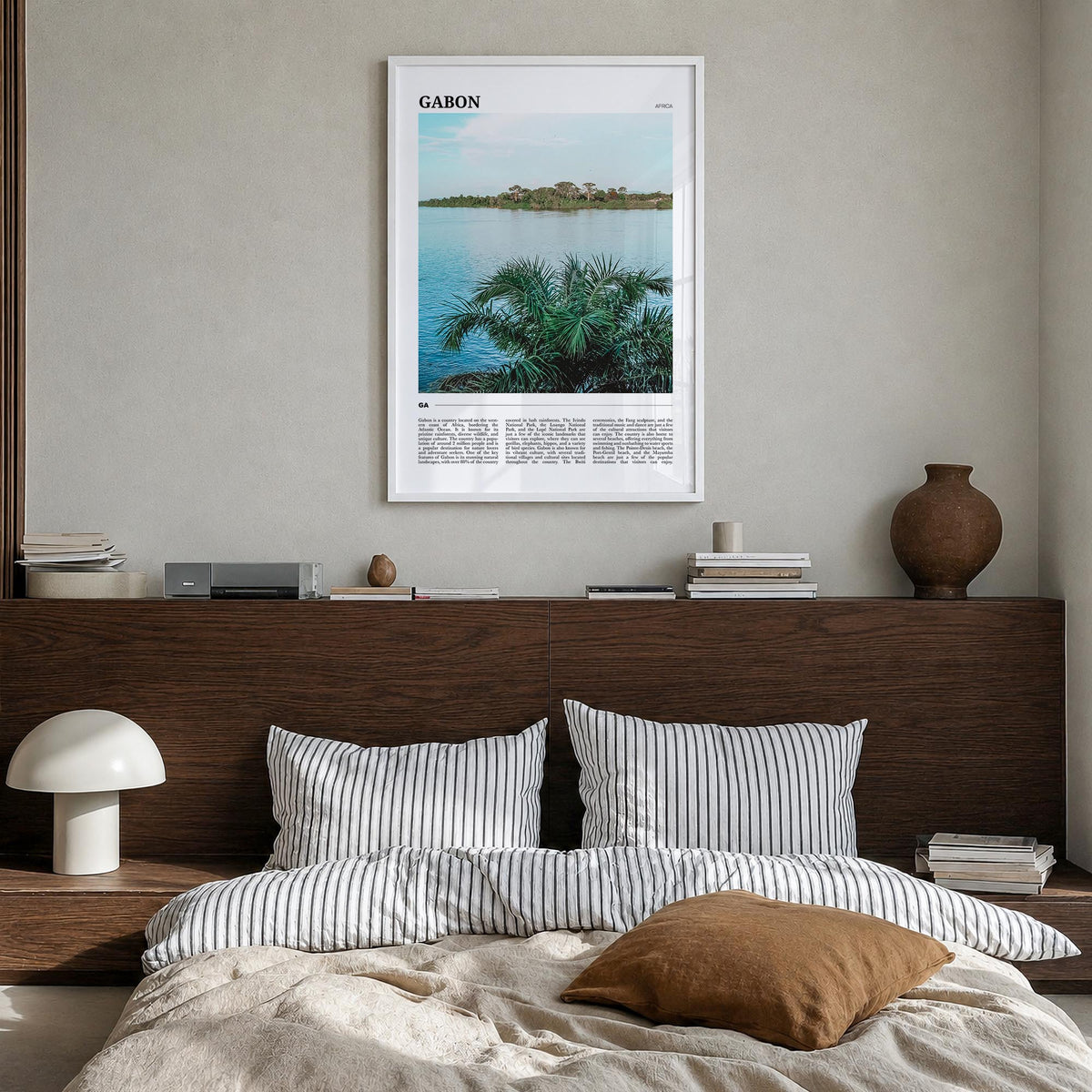 Gabon colorful travel poster of Africa – vertical wall art in white wood frame, hanging on wall