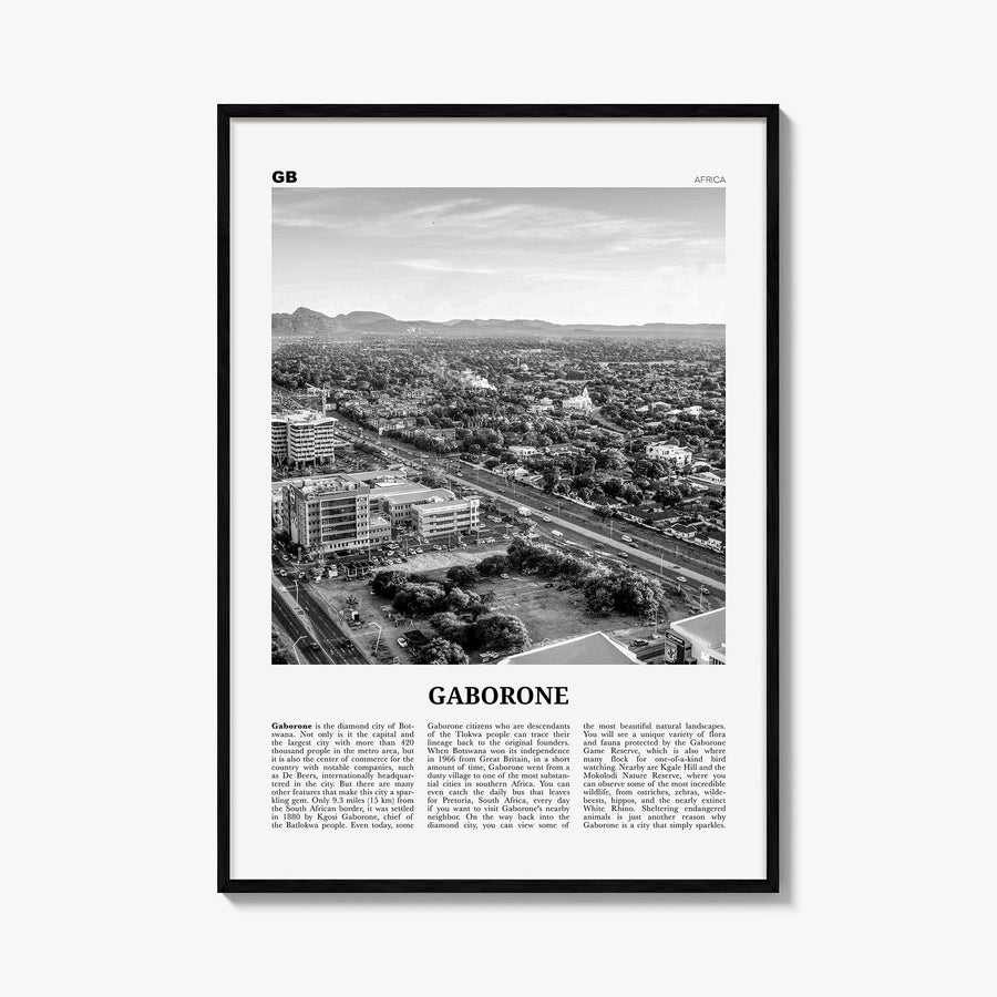 Gaborone black & white newspaper poster of Botswana – vertical wall art, unframed print shown in interior mockup