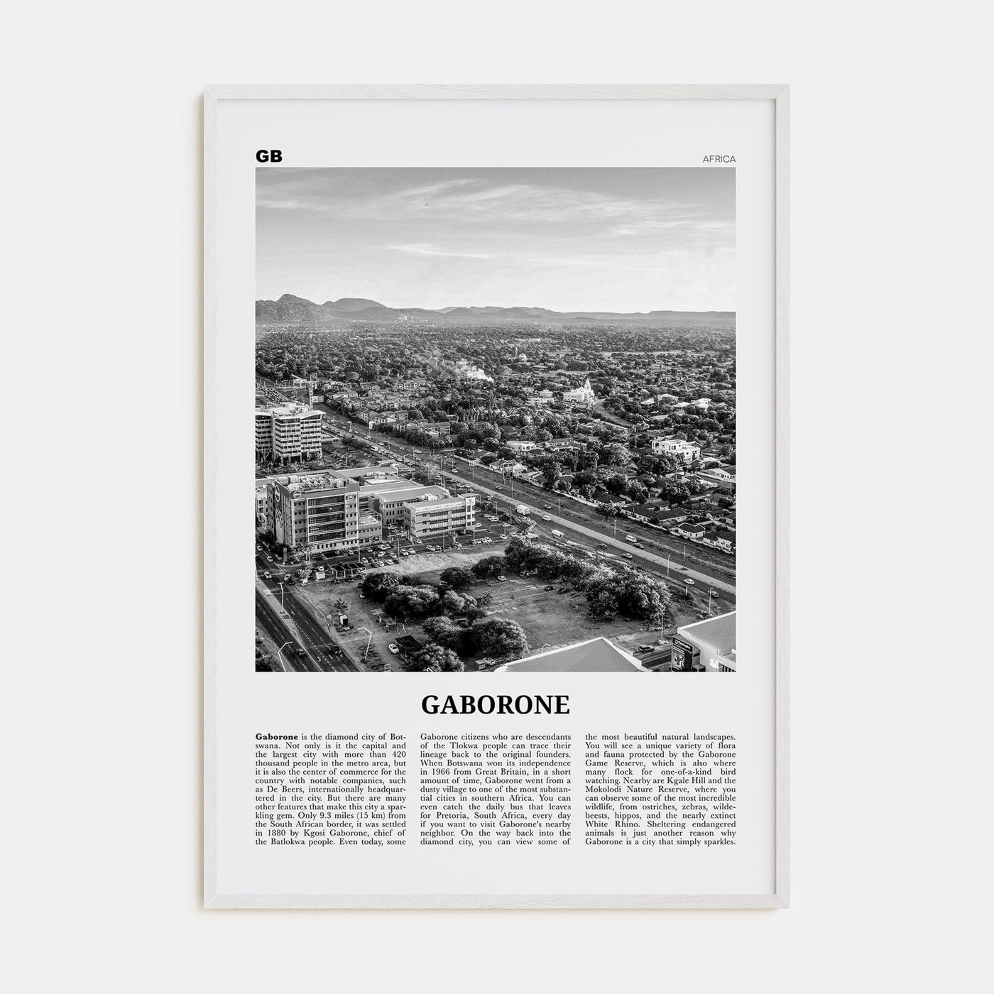 Gaborone Poster White Wood / 8x12 in Nbourhood Travel B&W Poster