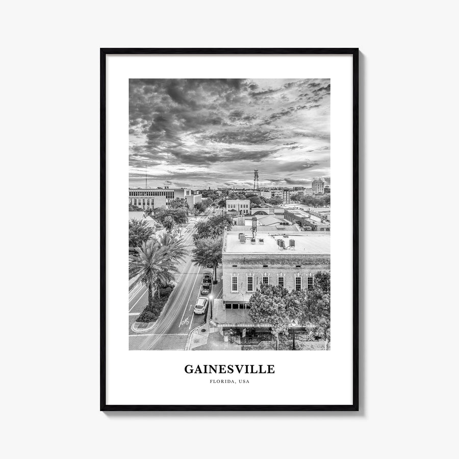 Gainesville black & white classic poster of Florida, USA – vertical wall art, unframed print shown in interior mockup