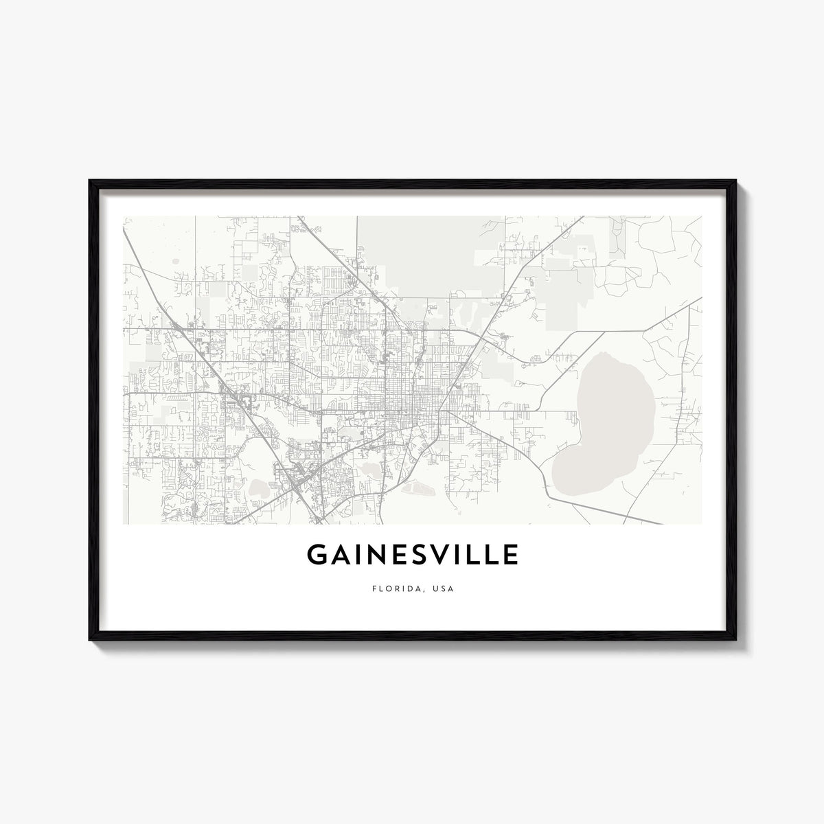 Gainesville black & white map poster of Florida, USA – horizontal wall art, unframed print shown in interior mockup