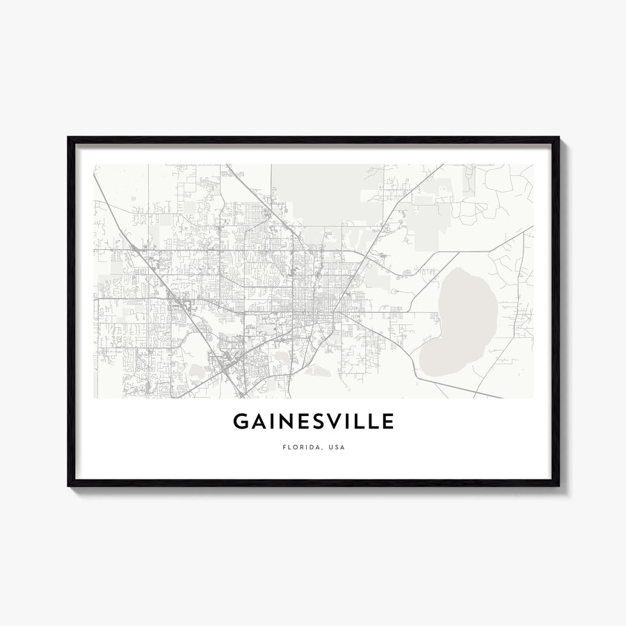 Gainesville black & white map poster of Florida, USA – horizontal wall art, unframed print shown in interior mockup