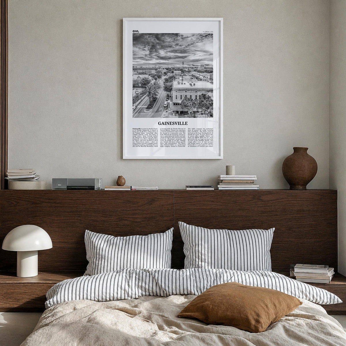 Gainesville black & white newspaper poster of Florida, USA – vertical wall art in white wood frame, hanging on wall