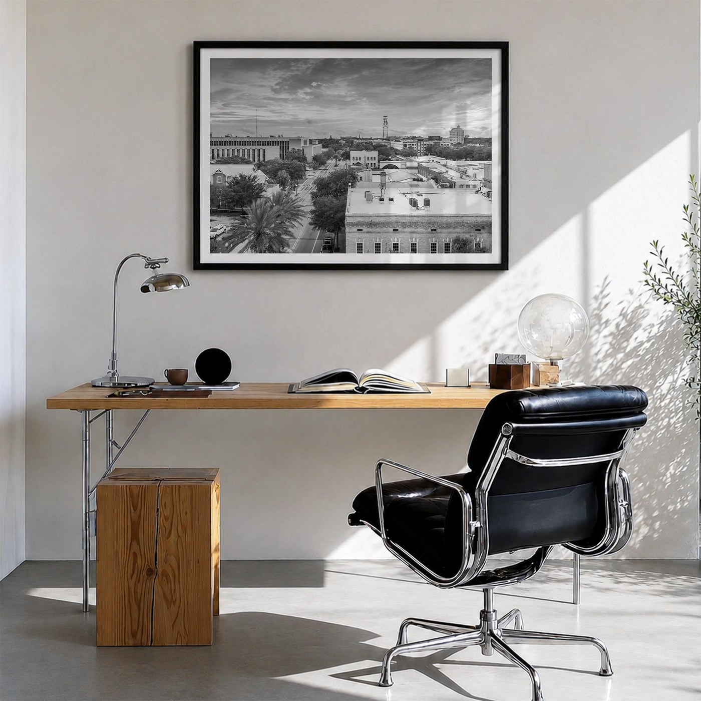 Gainesville black & white photo poster of Florida, USA – horizontal wall art in black wood frame with white border, hanging o
