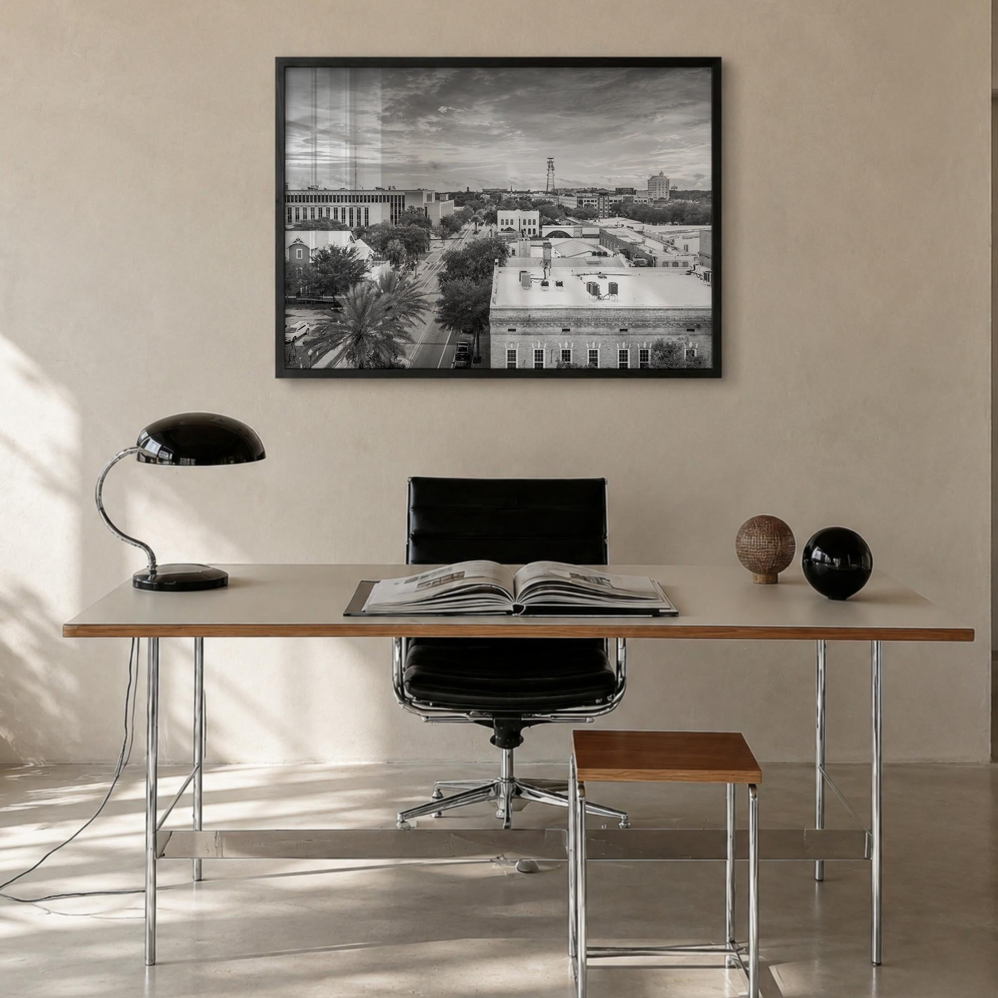 Gainesville black & white photo poster of Florida, USA – horizontal wall art in black wood frame, hanging on wall