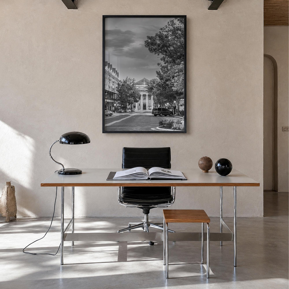 Gainesville black & white photo poster of Florida, USA – vertical wall art in black wood frame, hanging on wall