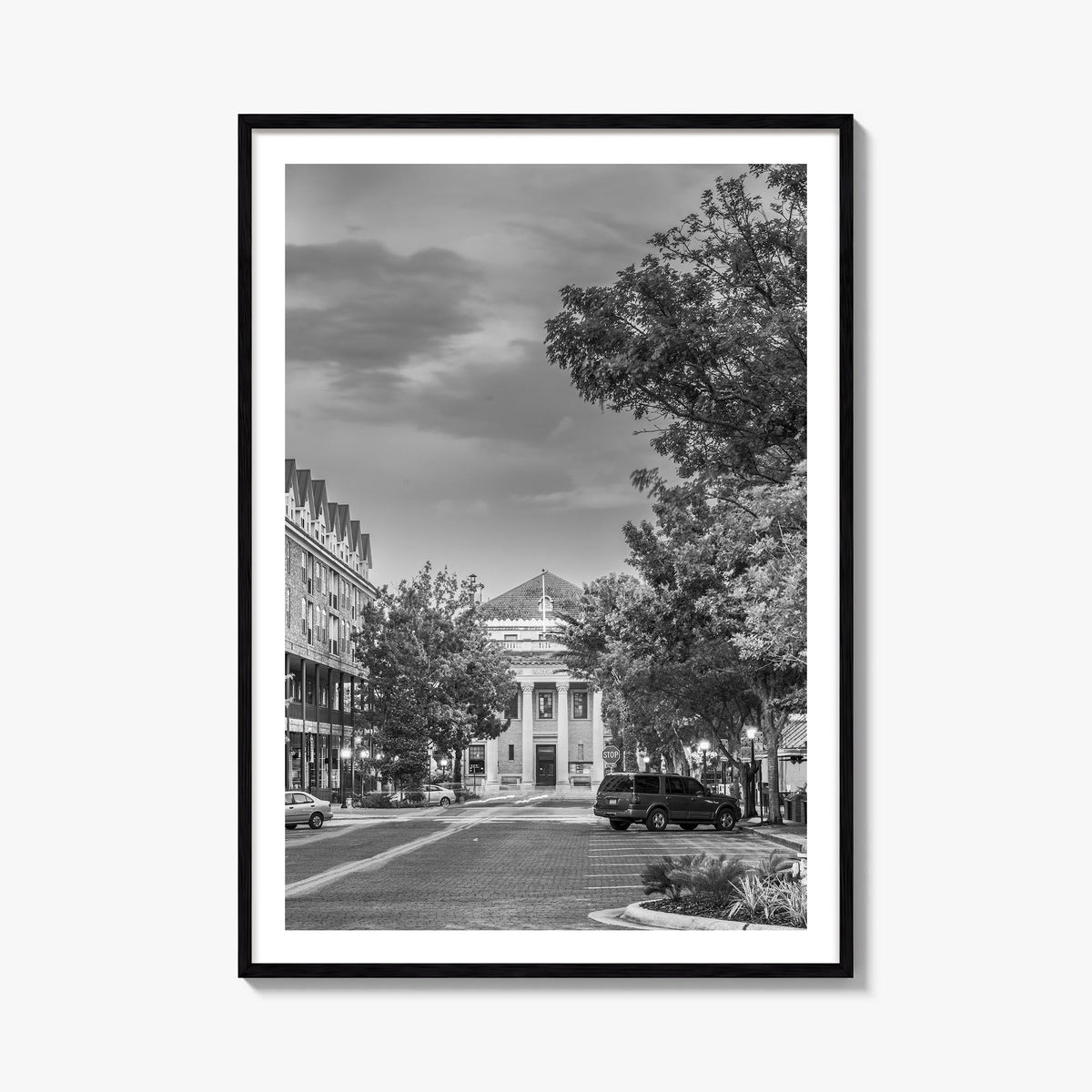 Gainesville black & white photo poster of Florida, USA – vertical wall art, unframed print shown in interior mockup