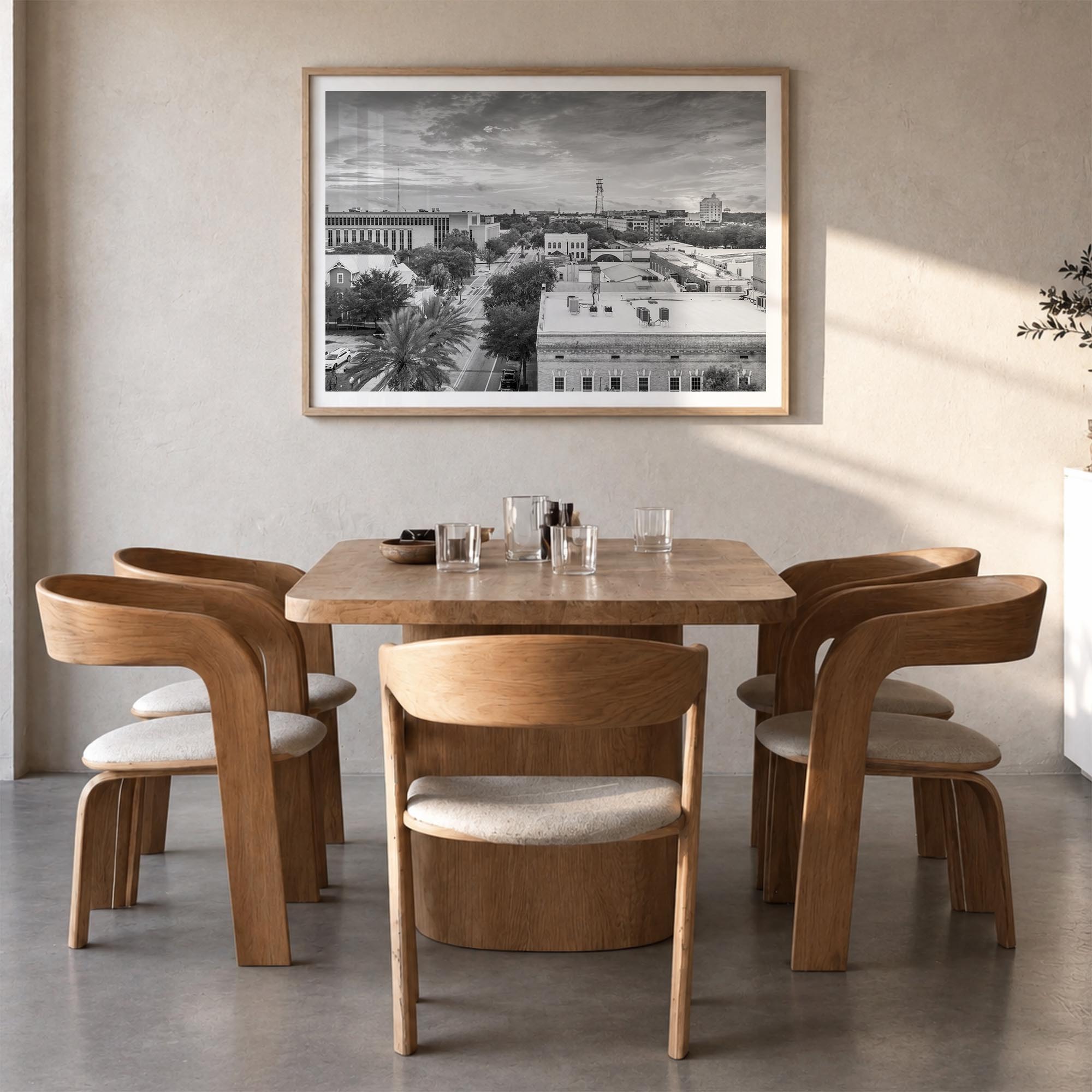 Gainesville black & white photo poster of Florida, USA – horizontal wall art in natural wood frame with white border, hanging