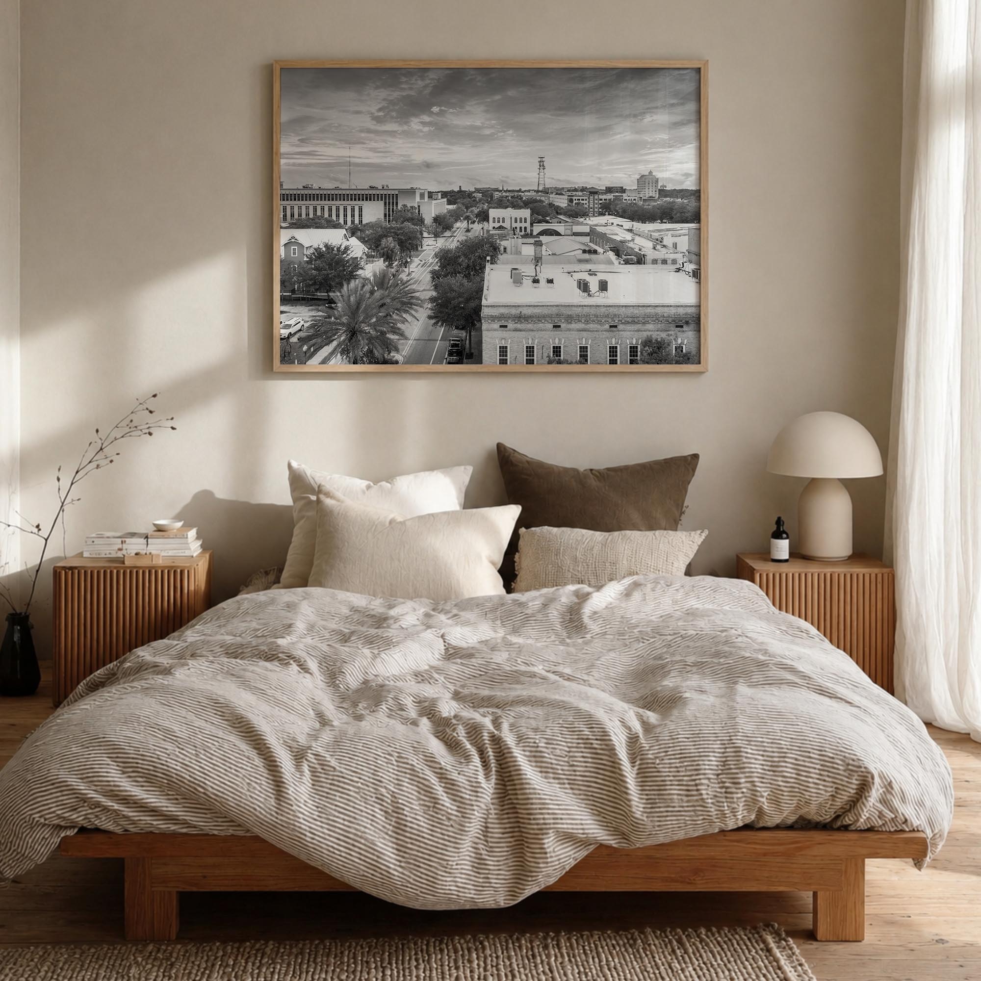Gainesville black & white photo poster of Florida, USA – horizontal wall art in natural wood frame, hanging on wall