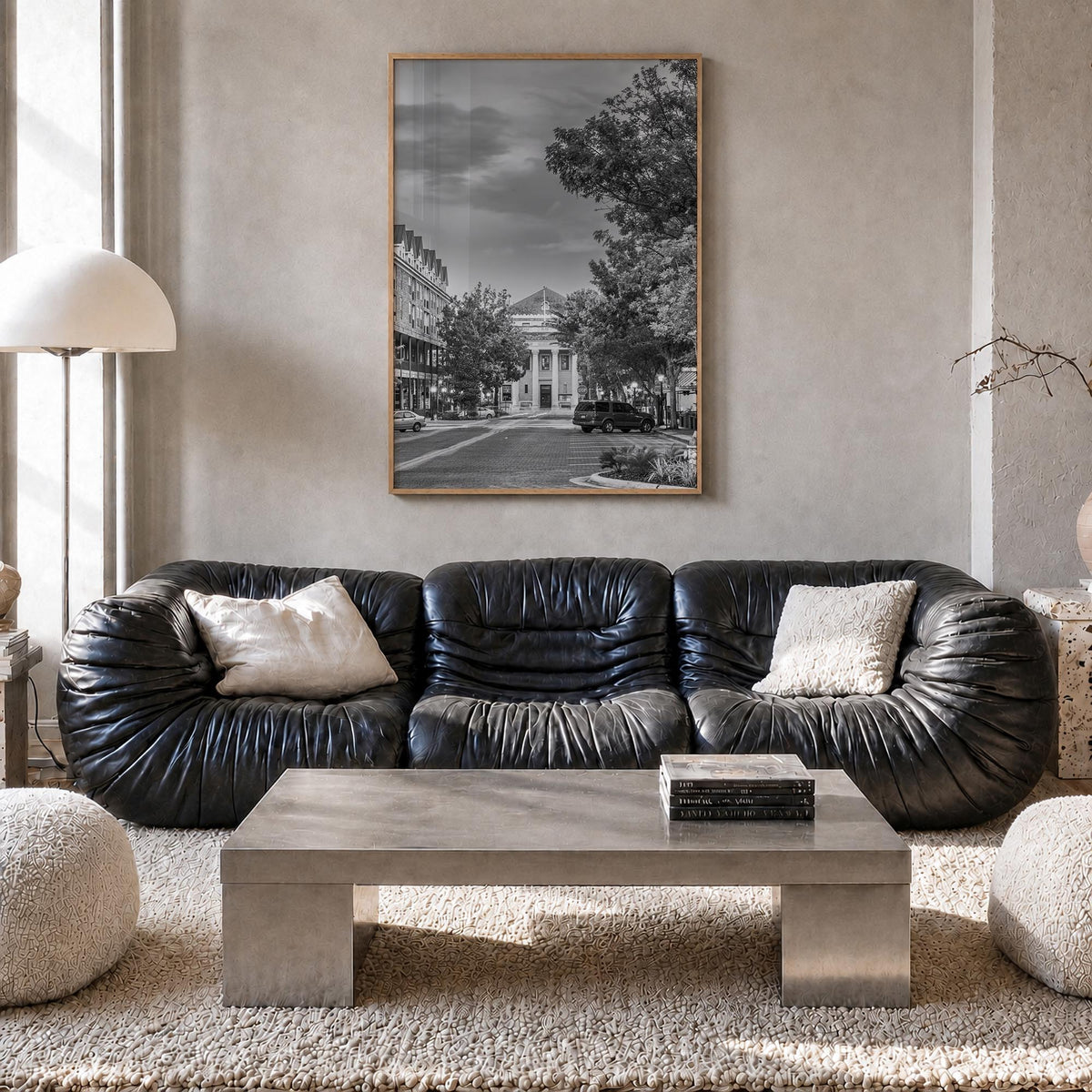 Gainesville black & white photo poster of Florida, USA – vertical wall art in natural wood frame, hanging on wall